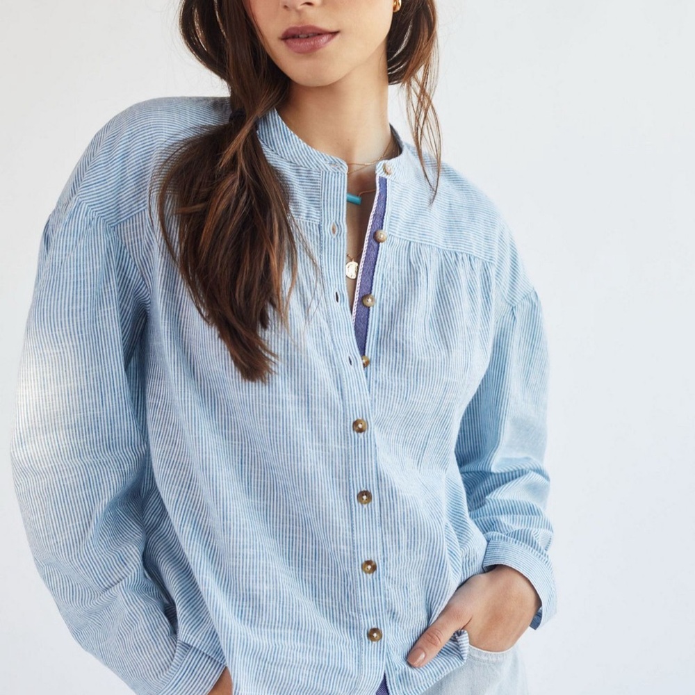 Pilcro Blue Striped Peasant Button-Up